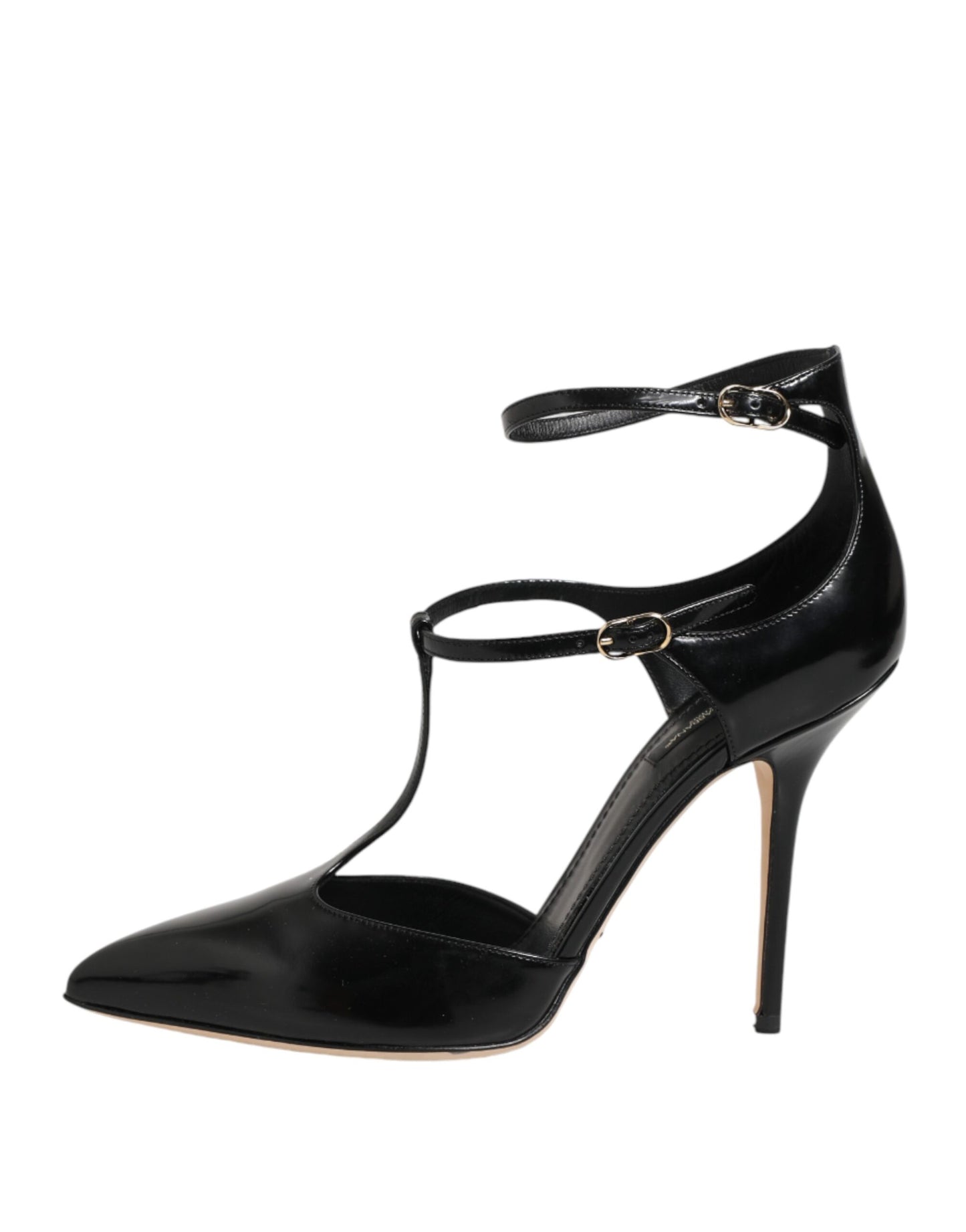 Black Leather T-STRAPS Heels Sandals Shoes