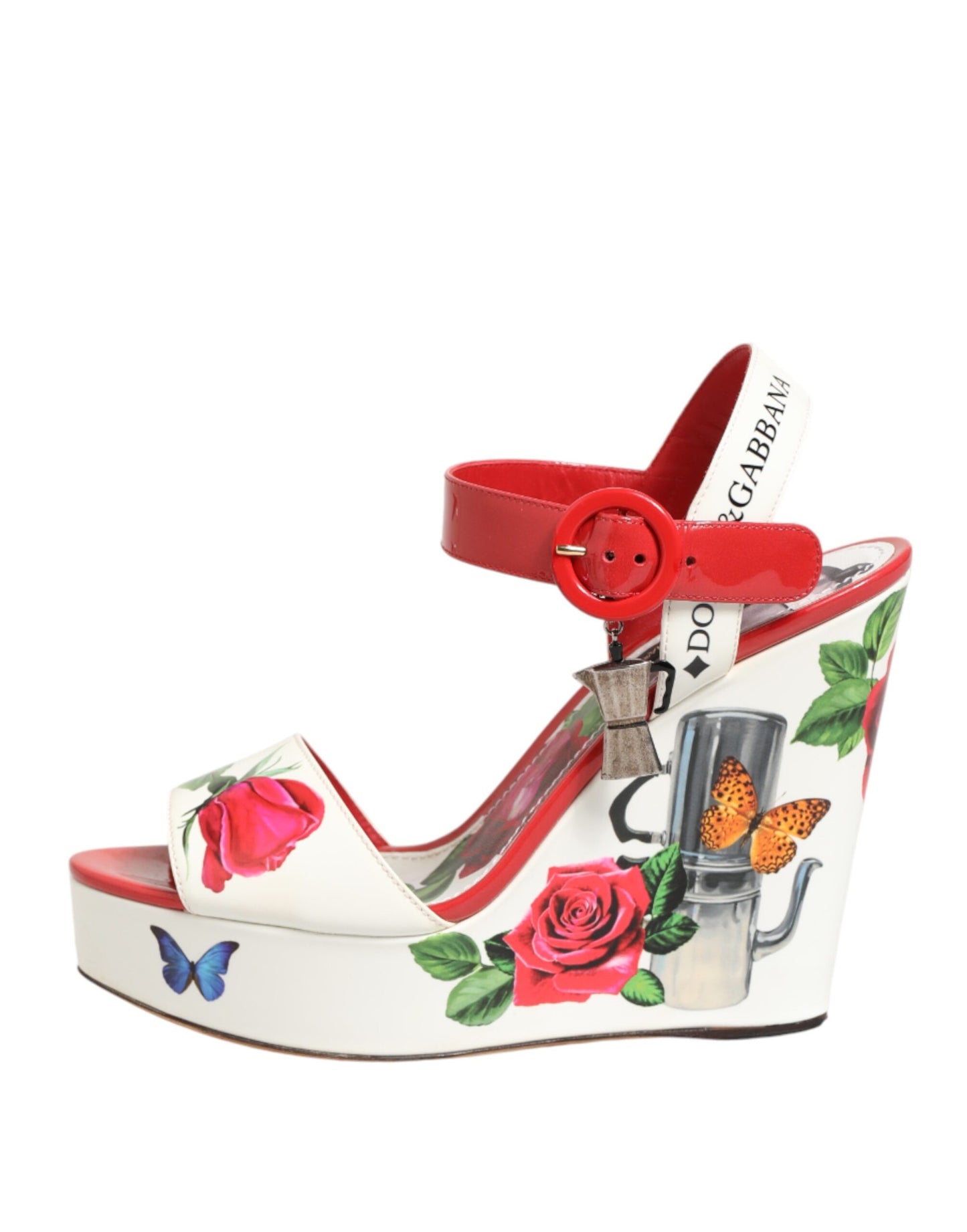 White Floral Ankle Strap Wedge Sandals Shoes