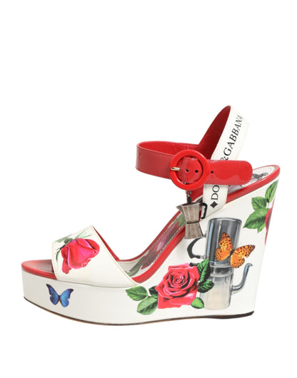 White Floral Ankle Strap Wedge Sandals Shoes