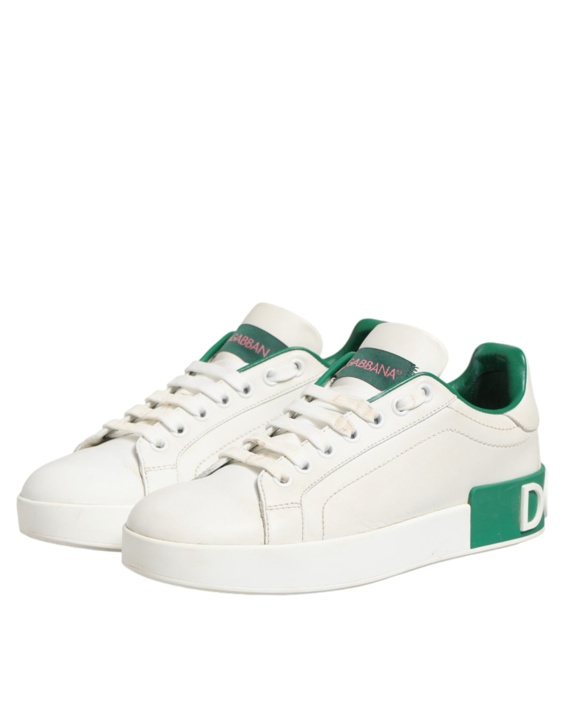White Green Leather Low Top Sneakers Shoes