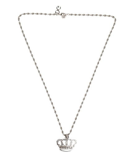 Silver Tone Brass Chain Crown Crystal Pendant  Necklace