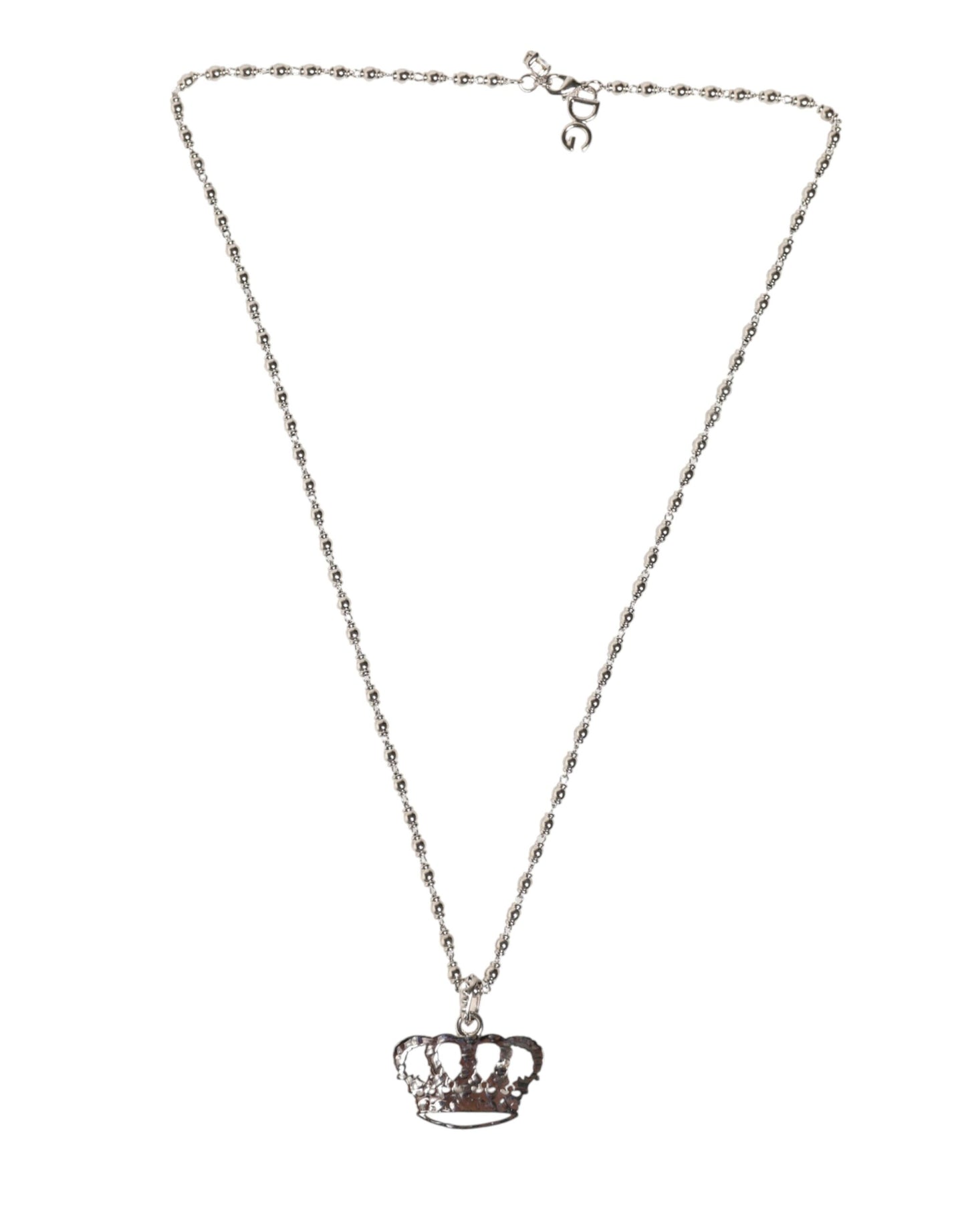 Silver Tone Brass Chain Crown Crystal Pendant  Necklace
