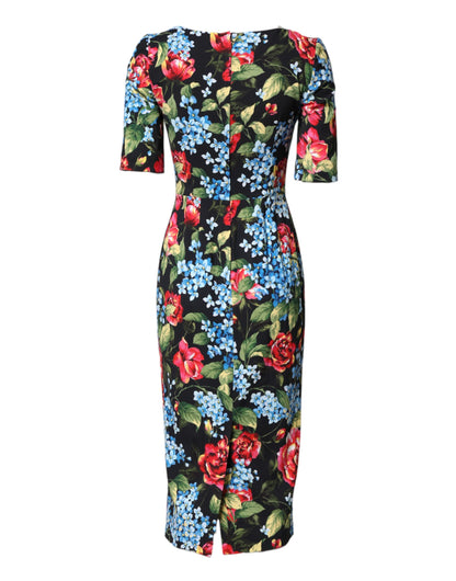 Black Floral Print Viscose Sheath Midi Dress