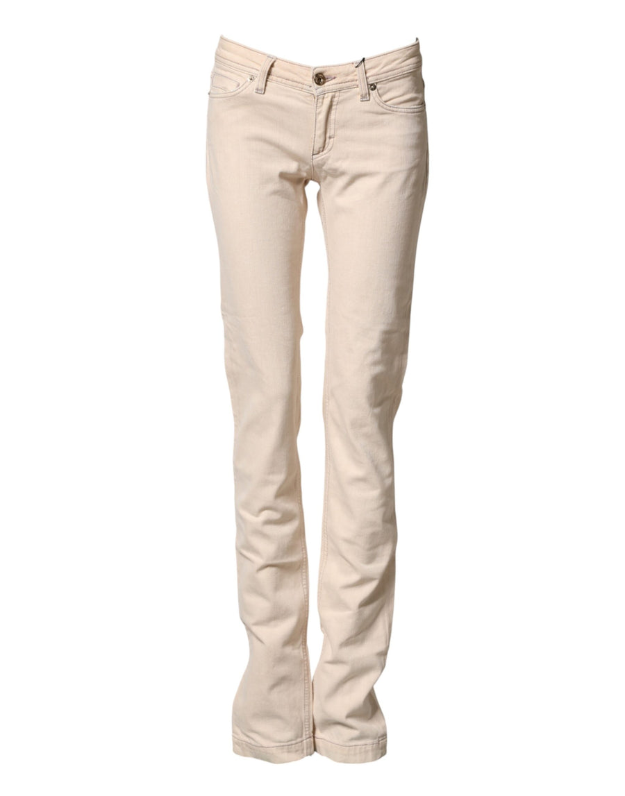 Beige Low Waist Cotton Slim Fit Denim Trousers Jeans