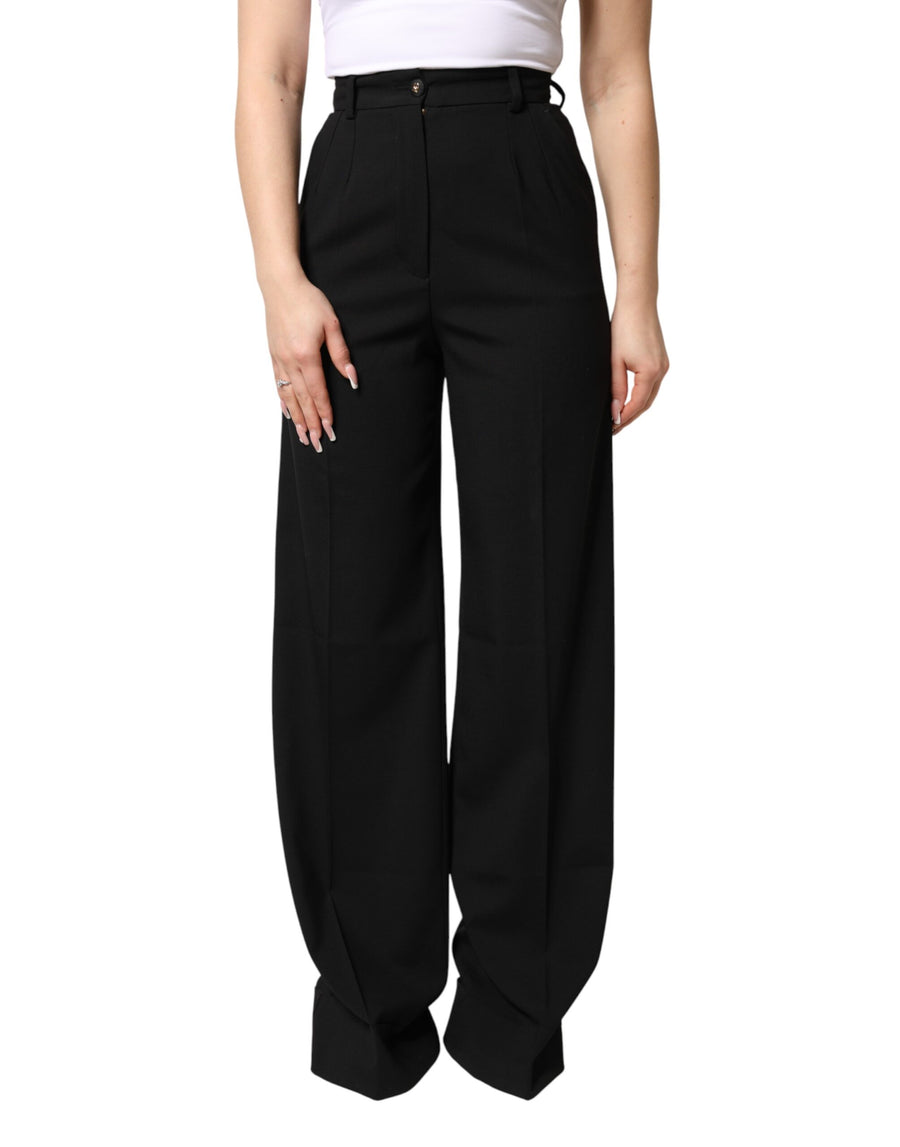 Black Wool Blend Straight High Waist Pants