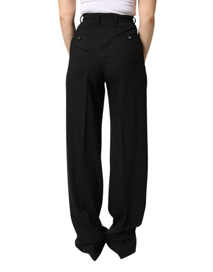 Black Wool Blend Straight High Waist Pants