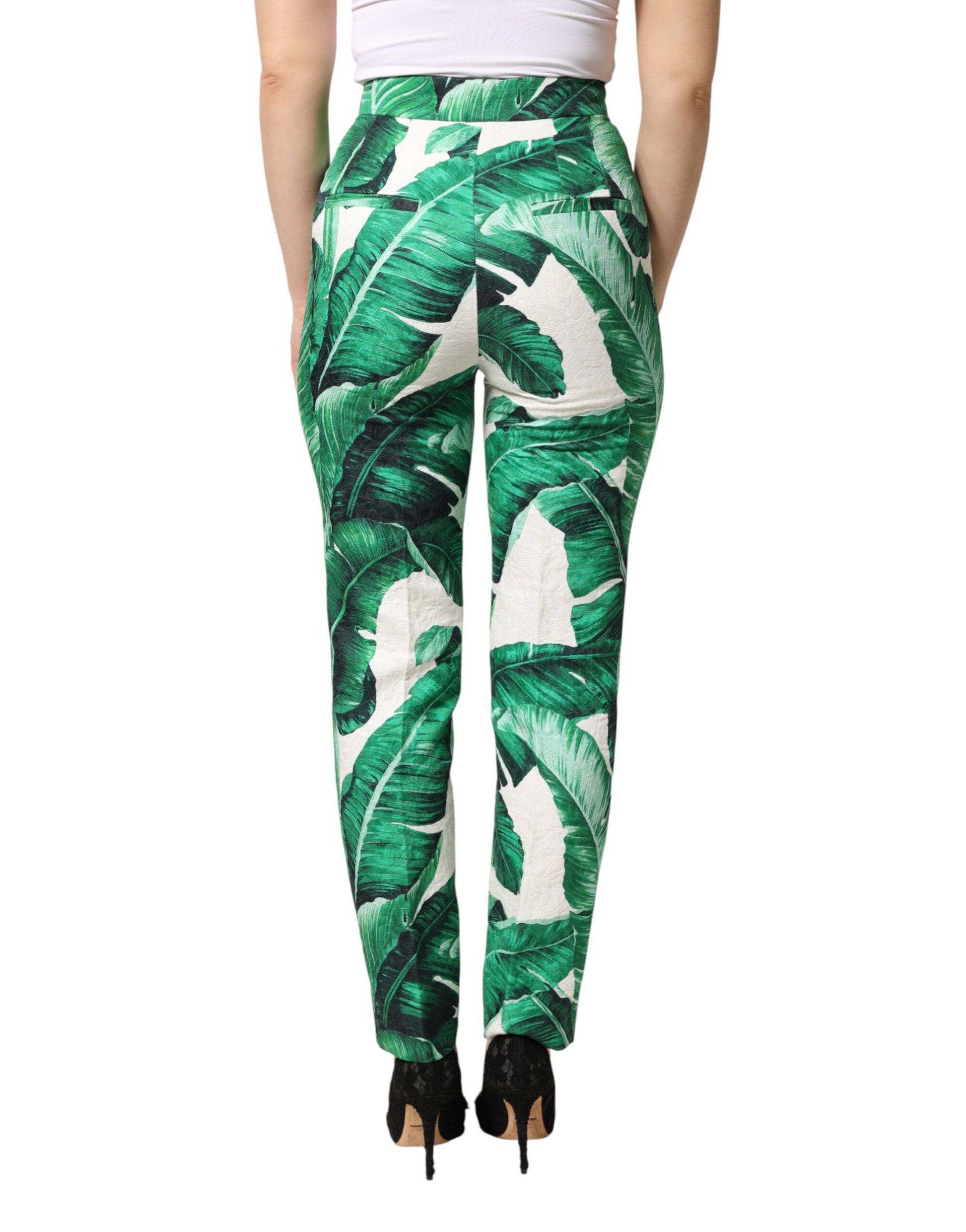 White Green Leaf High Waist Trousers Pants