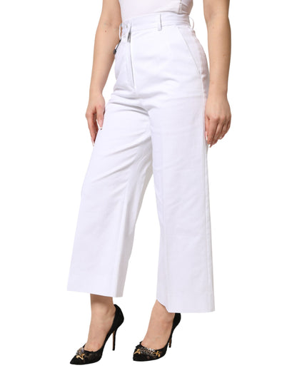 White Cotton High Waist WideLeg Cropped Pants