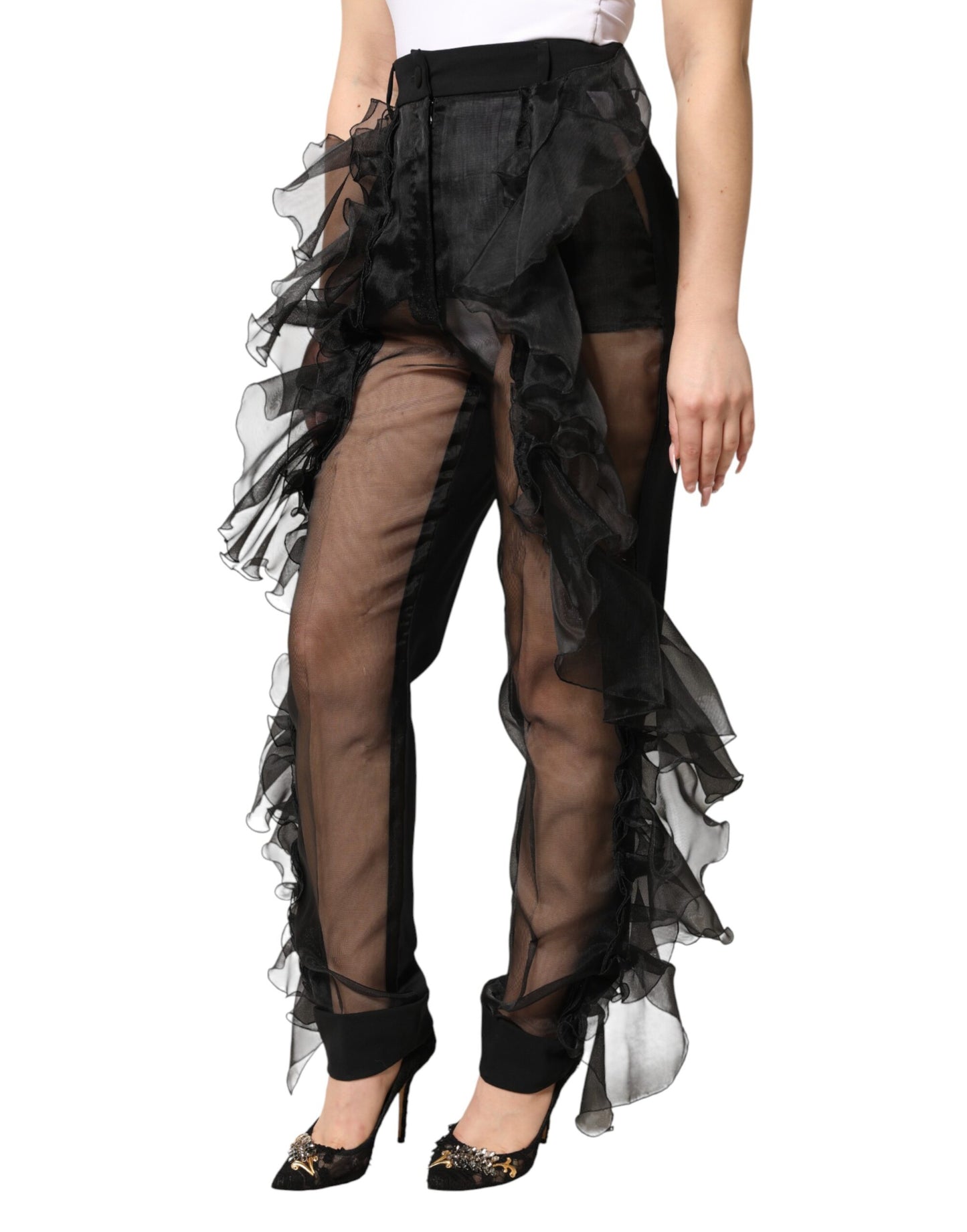 Black High Waist Tulle Wool Trouser Pants