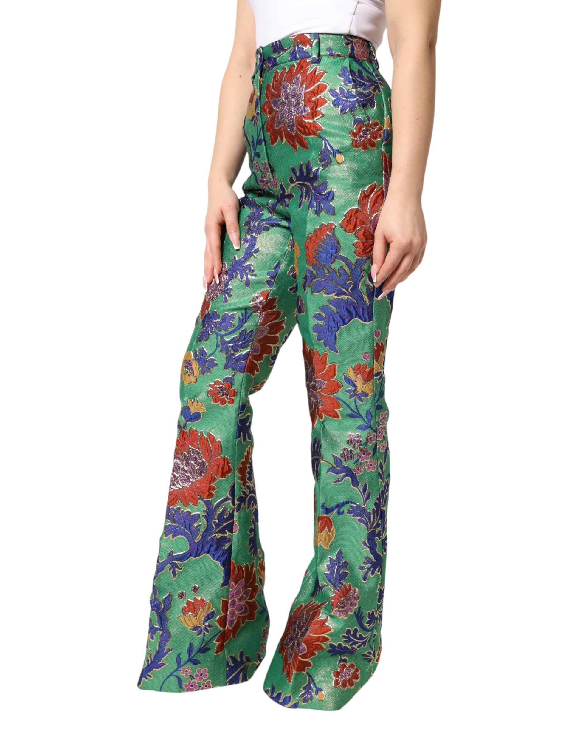 Green Floral Polyester BootCut Trouser Pants