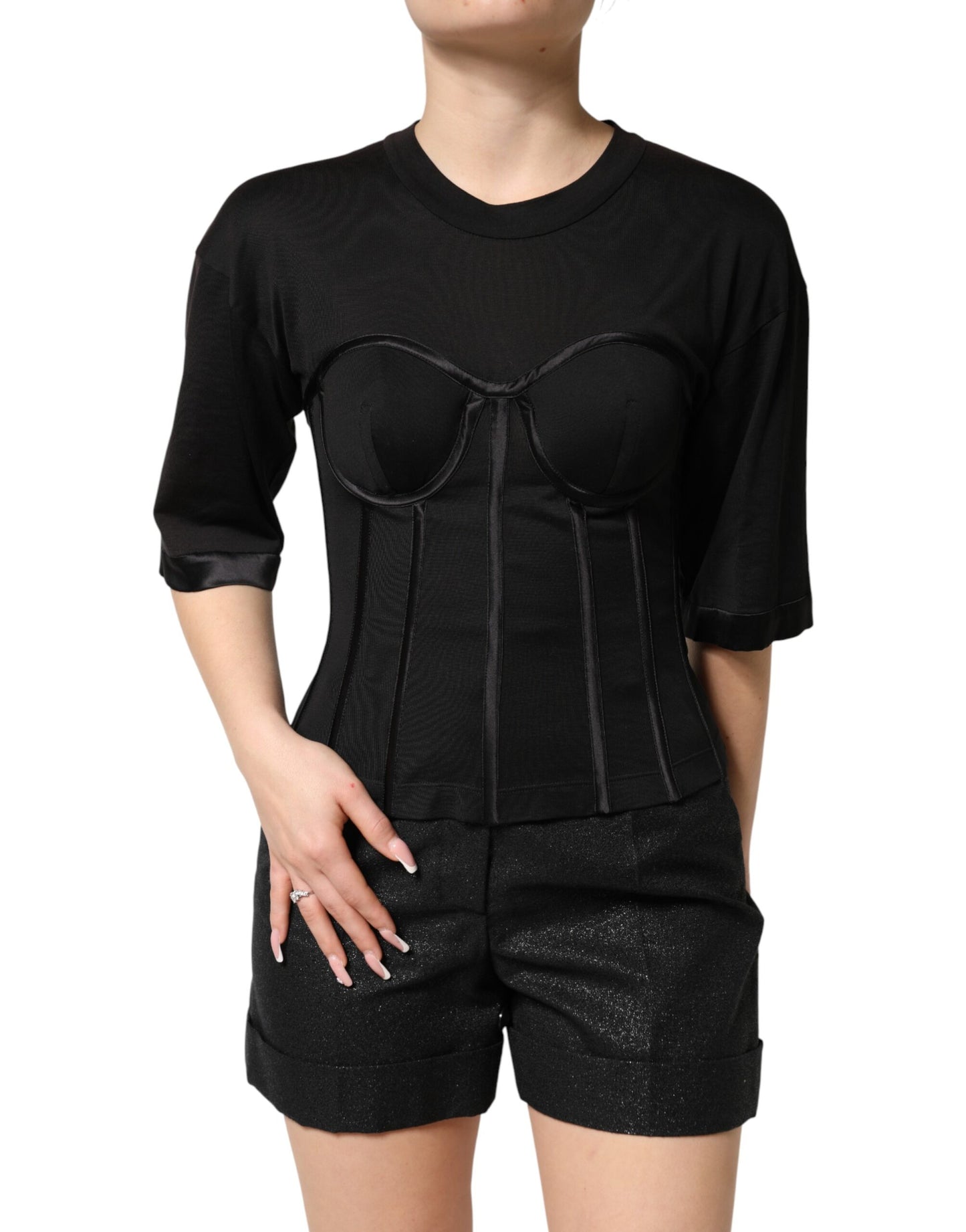 Black Cotton Bustier Corset Short Sleeves T-shirt