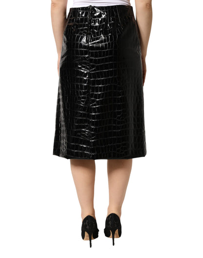 Black Croc Faux-Leather Mid Waist Midi Skirt