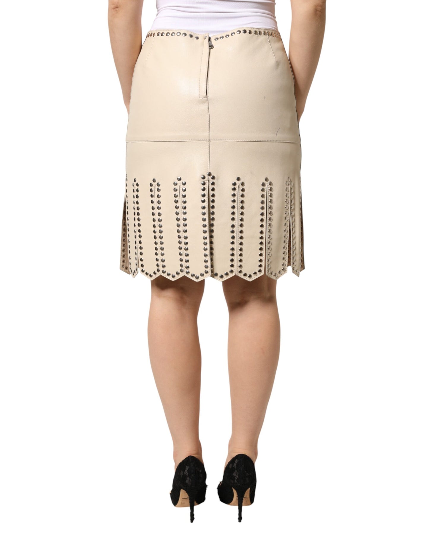 Beige Leather Studs Mid Waist Mini Skirt
