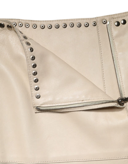 Beige Leather Studs Mid Waist Mini Skirt