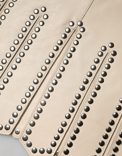 Beige Leather Studs Mid Waist Mini Skirt