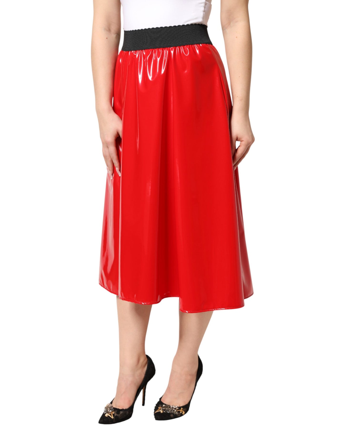 Glossy Red Polyester High Waist Midi Skirt