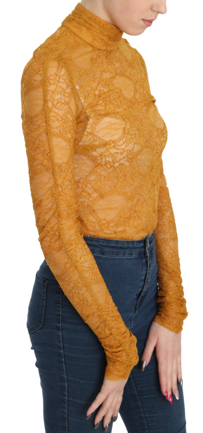 Mustard Turtle Neck Long Sleeve Lace Top Blouse