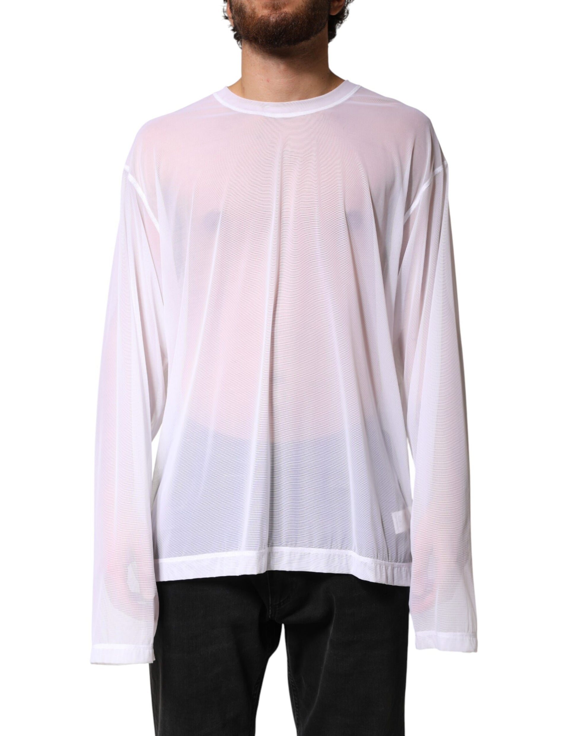 White Nylon Long Sleeves Crewneck T-Shirt