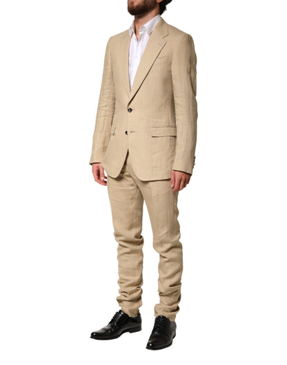 Beige Linen Single Breasted 2 Piece Suit