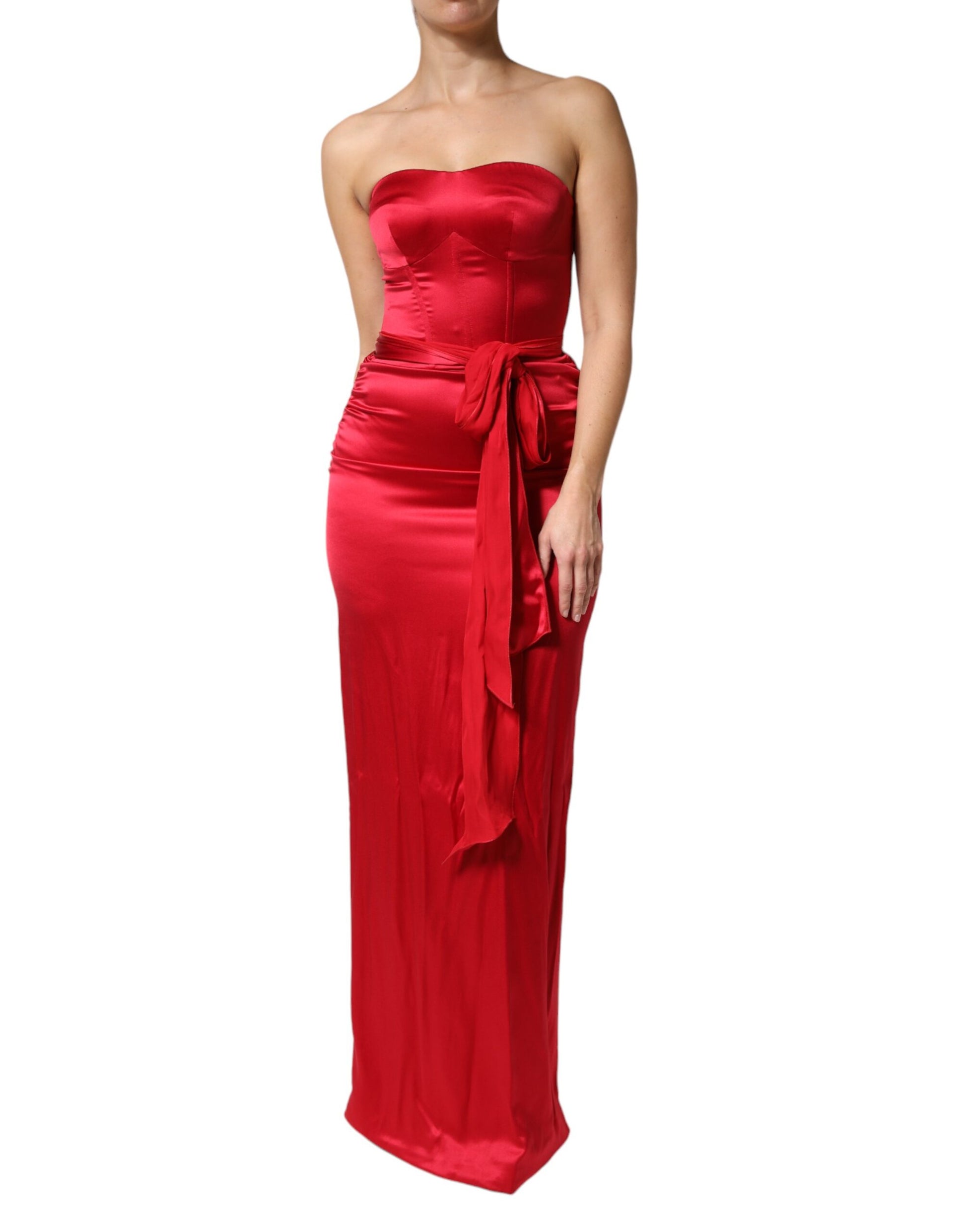Red Silk Strapless Sheath Long Gown Dress