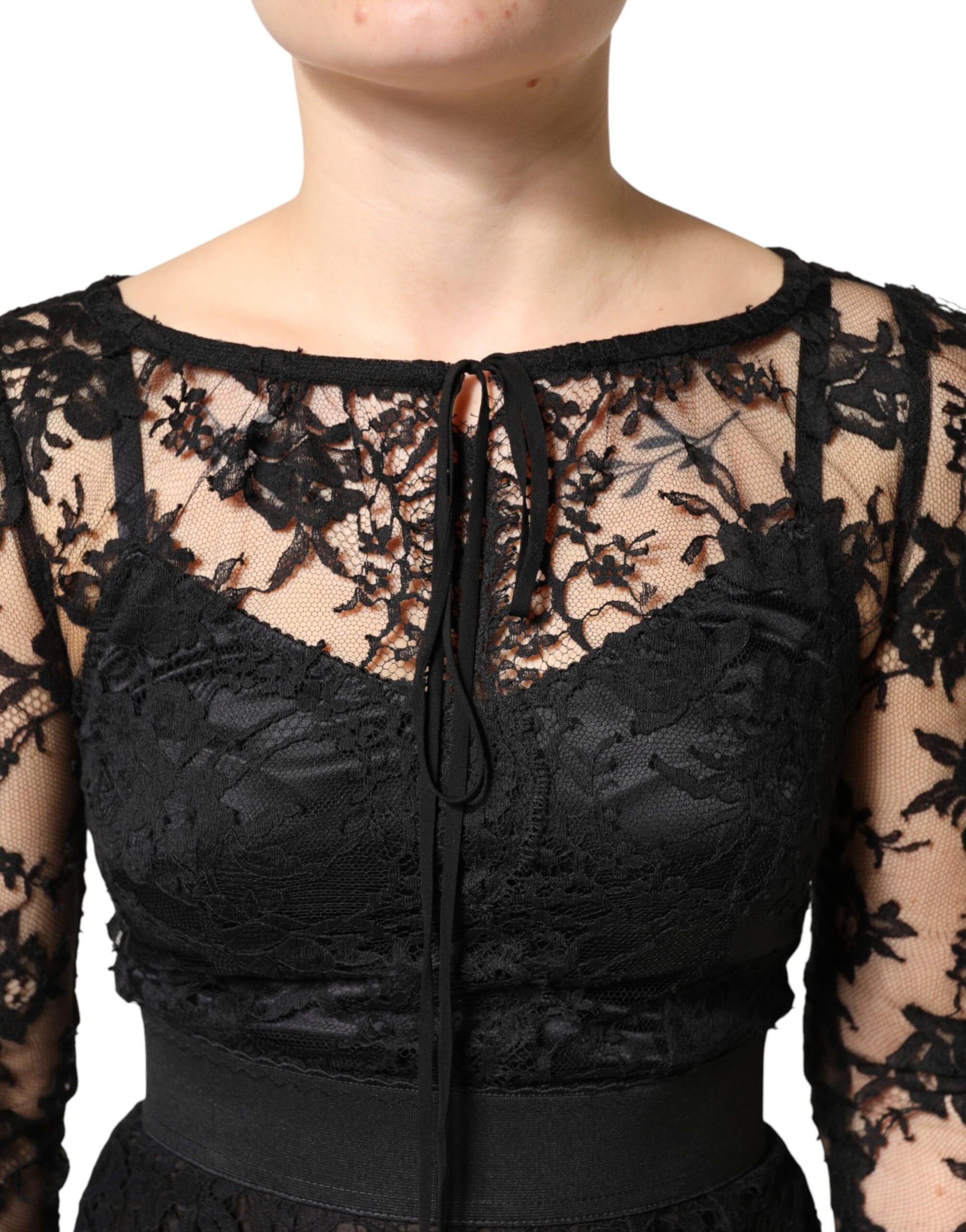 Black Lace Trim Cotton Sheath Midi Dress