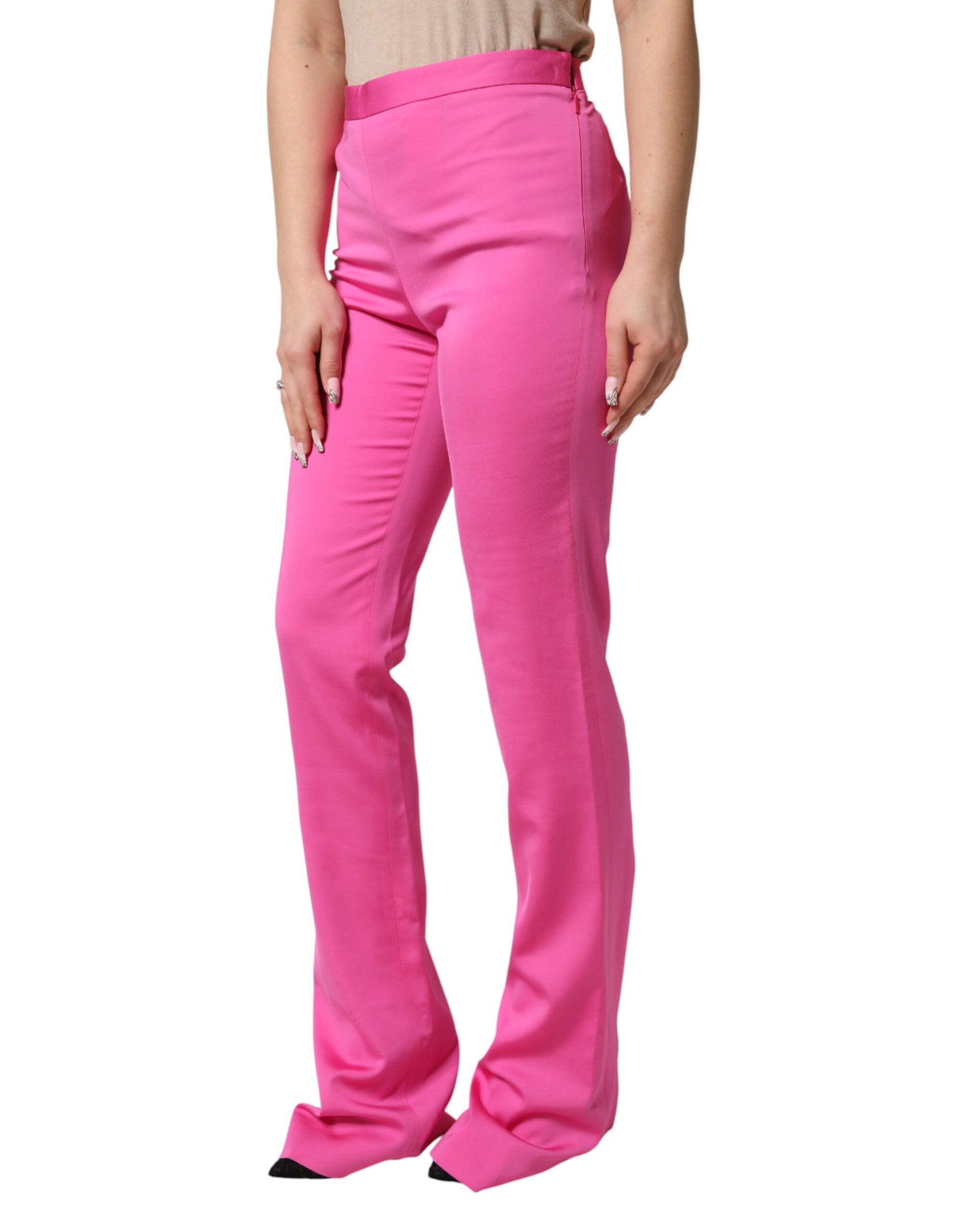 Pink Viscose High Waist Straight Casual Trouser Pants