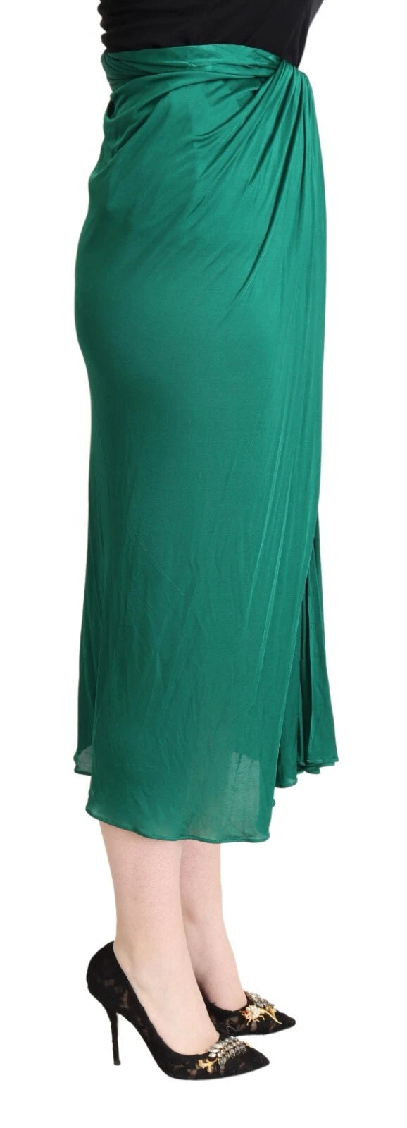 Dark Green High Waist Midi Skirt Pencil Cut Pleated