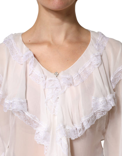 White Ruffles Lace Long Sleeve Blouse Top
