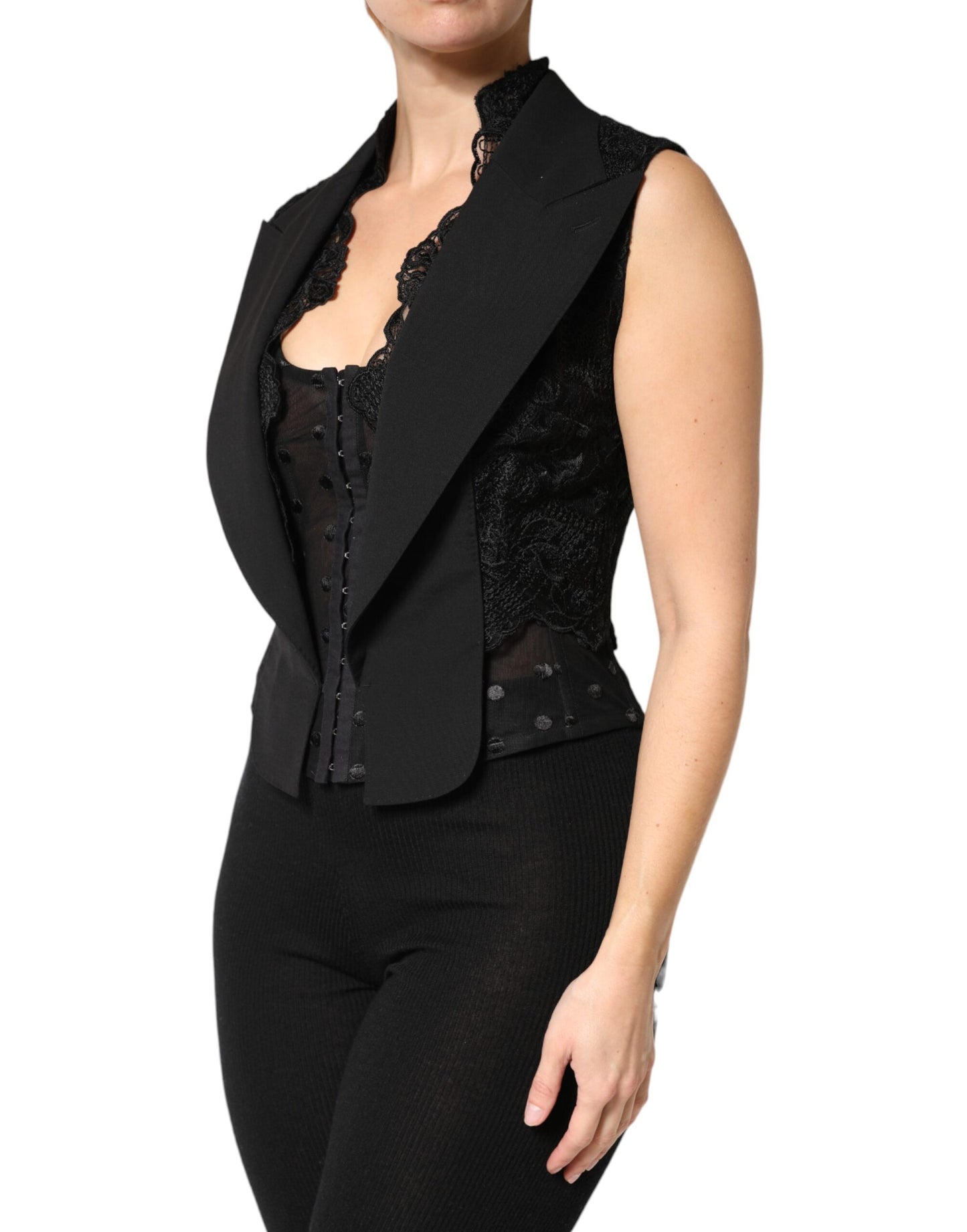 Black Lace V-neck Slit Hem Gathered Waist Vest Jacket