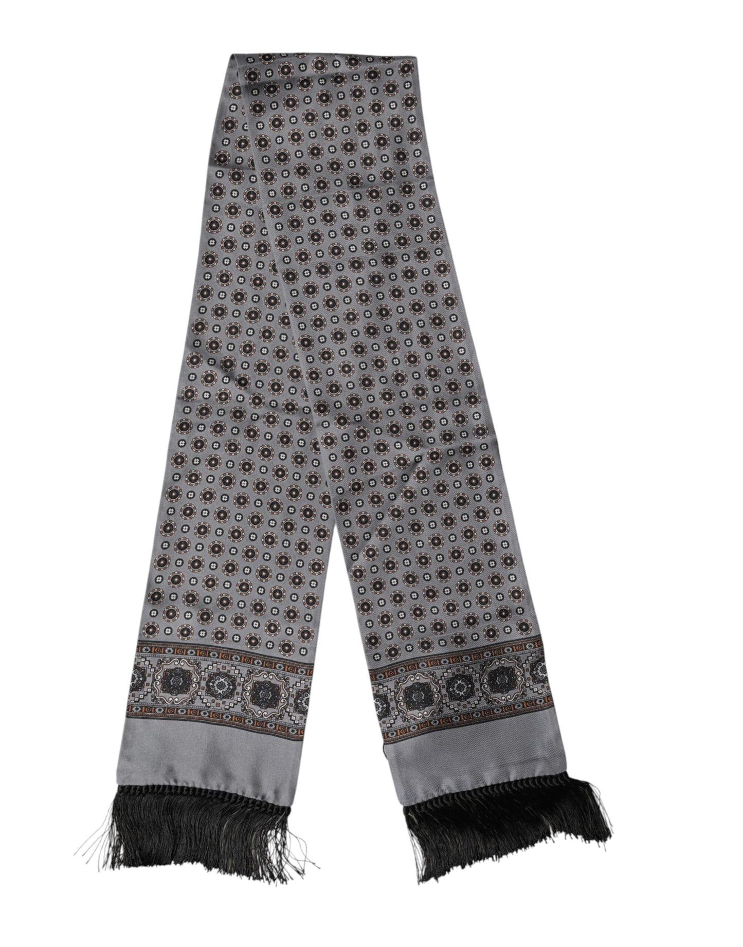 Gray Patterned Fringes Neck Foulard Scarf