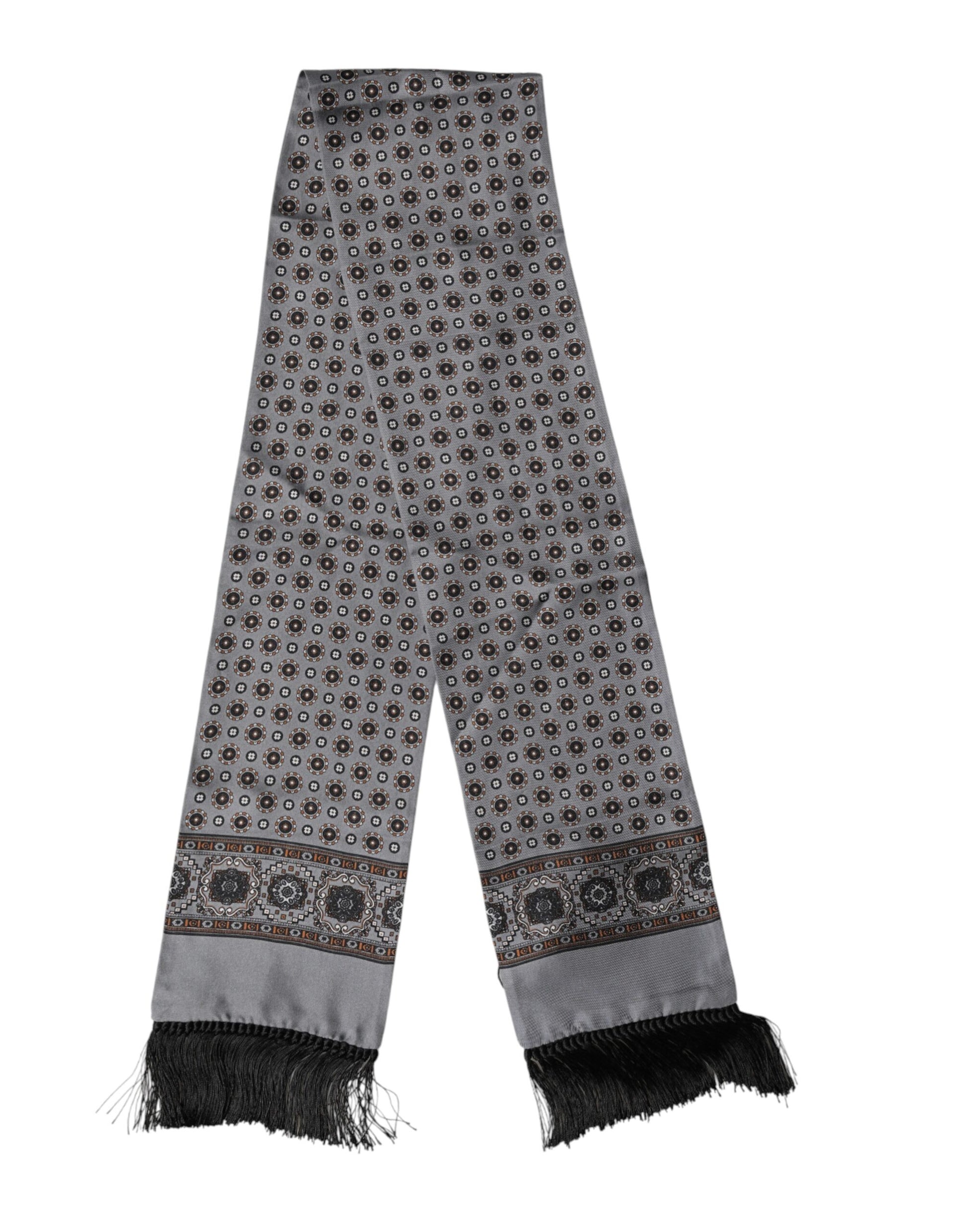 Gray Patterned Fringes Neck Foulard Scarf