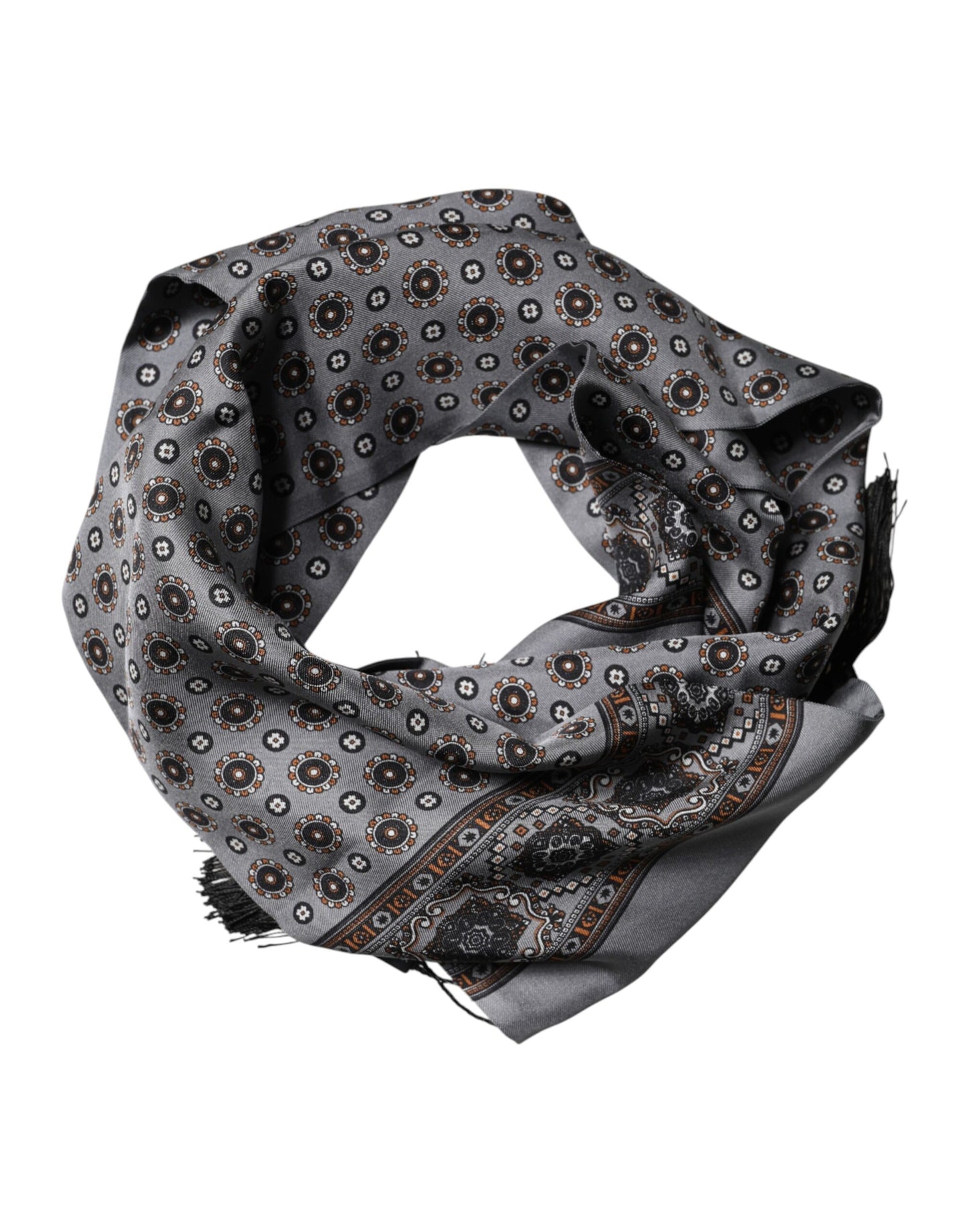 Gray Patterned Fringes Neck Foulard Scarf