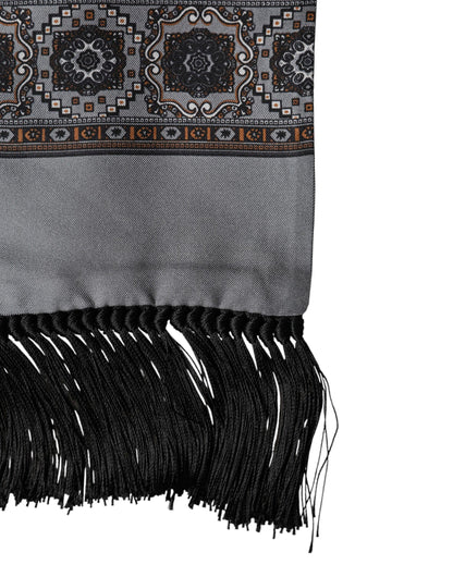 Gray Patterned Fringes Neck Foulard Scarf