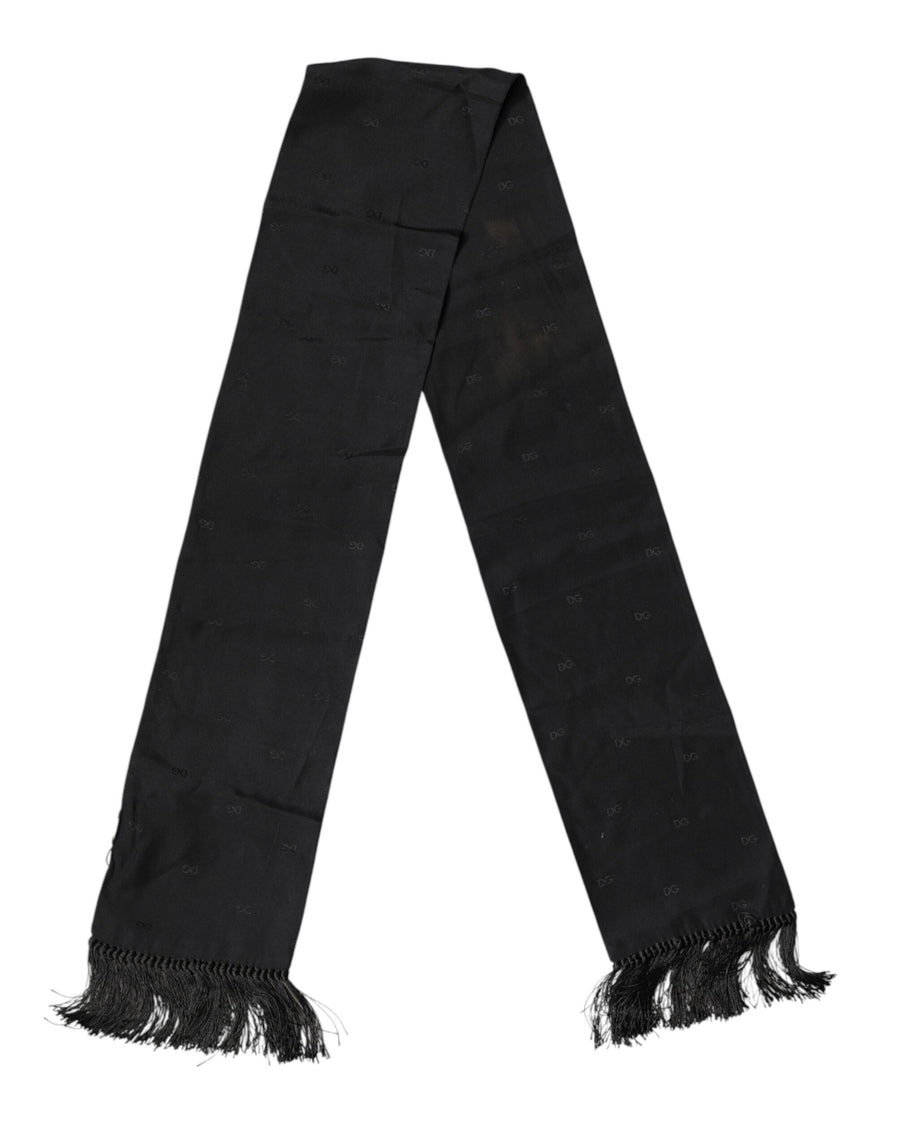 Black Logo Silk Fringes Neck Foulard Scarf