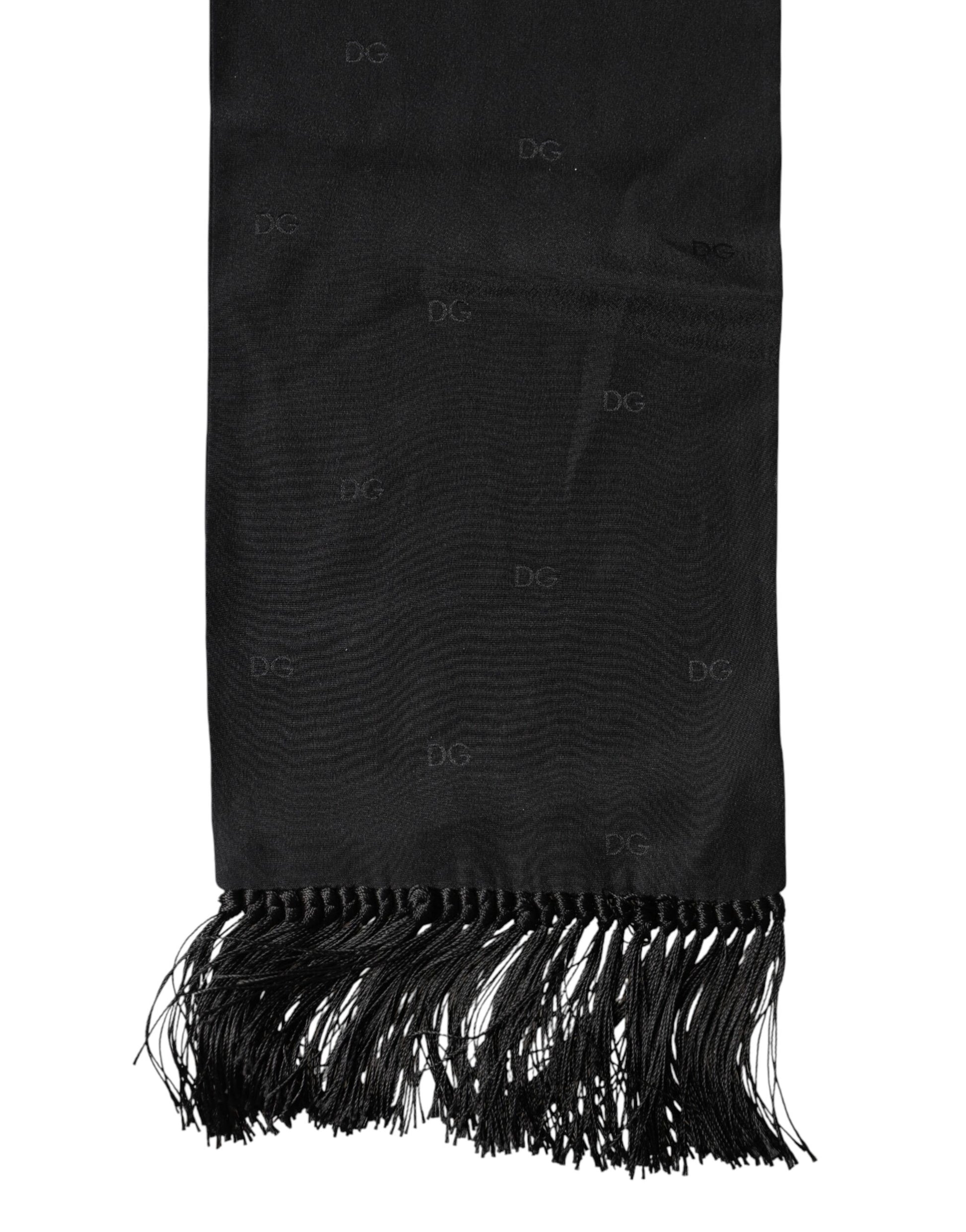 Black Logo Silk Fringes Neck Foulard Scarf