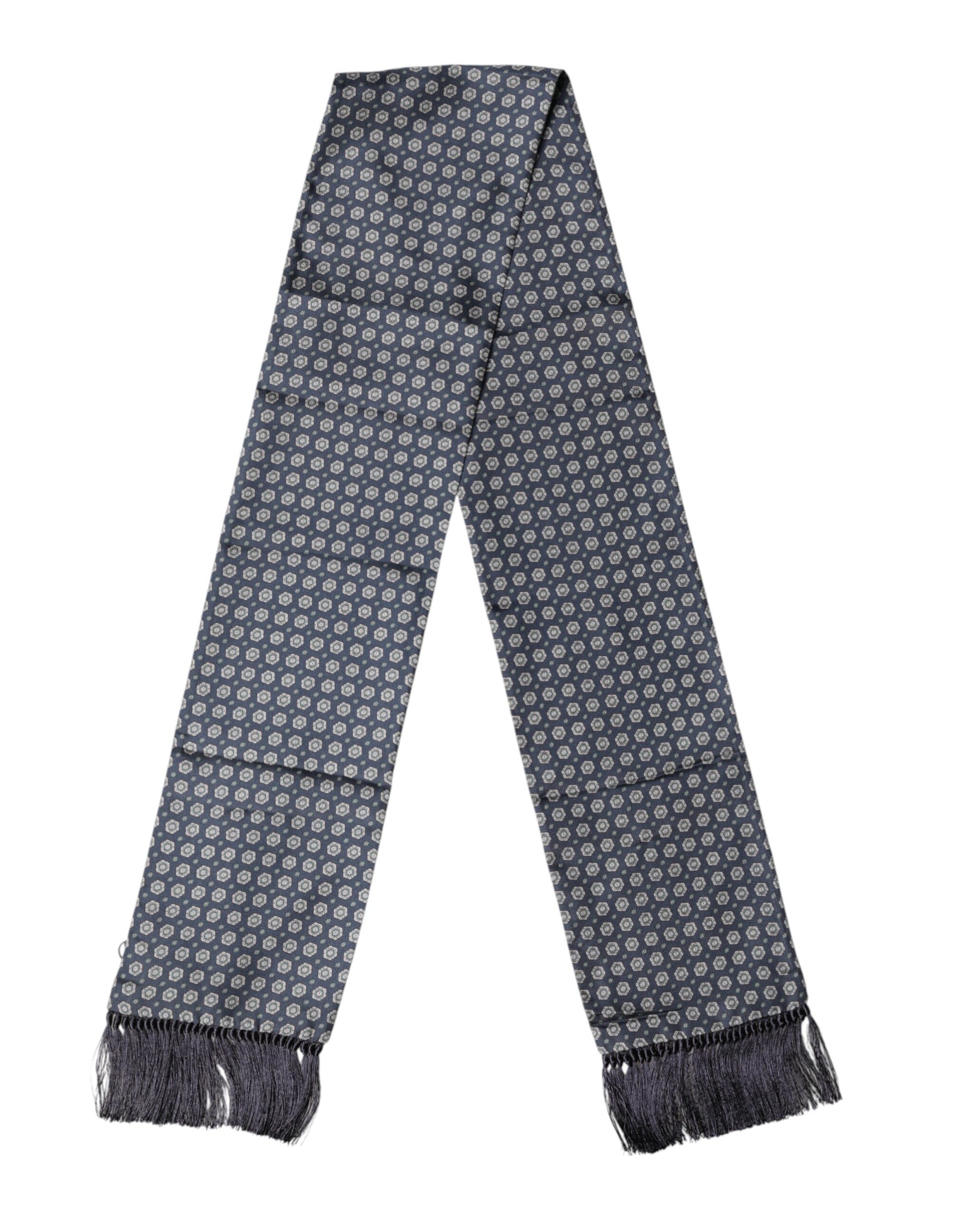 Blue Patterned Fringes Neck Foulard Scarf