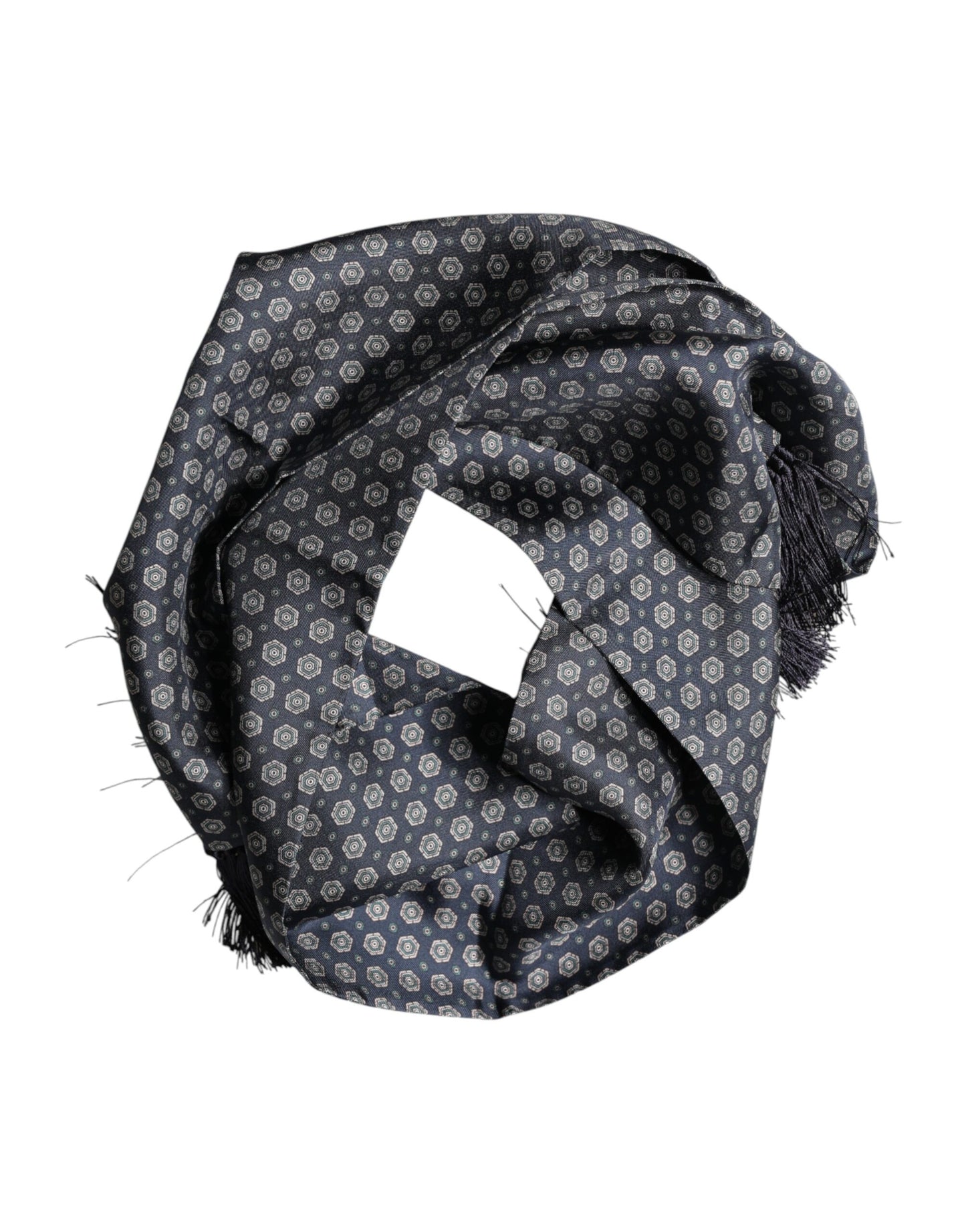 Blue Patterned Fringes Neck Foulard Scarf