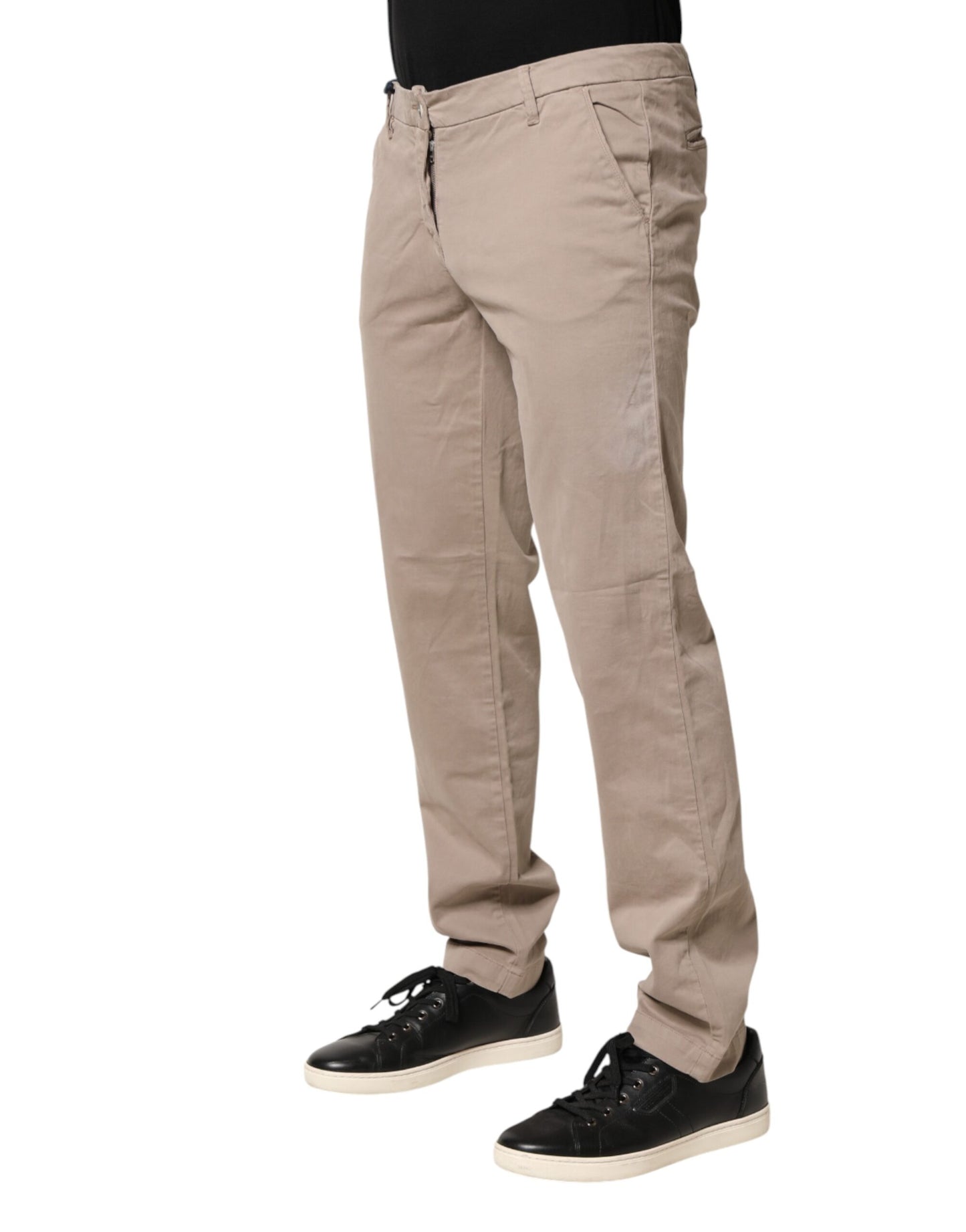 Beige Cotton Stretch Straight Mid Waist Trouser Pants