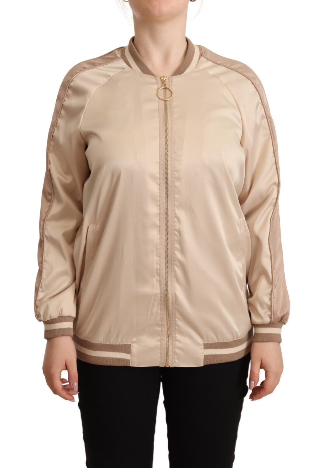 Bomber Full Zip Beige Long Sleeves Polyester Jacket