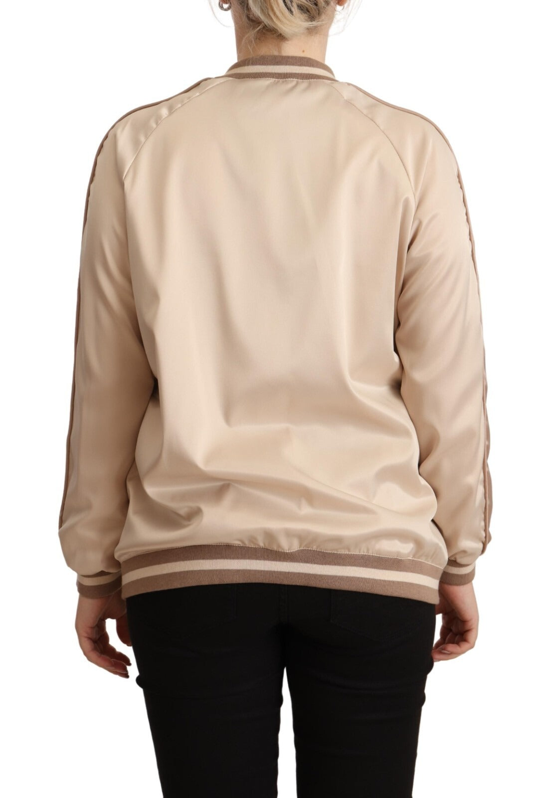 Bomber Full Zip Beige Long Sleeves Polyester Jacket