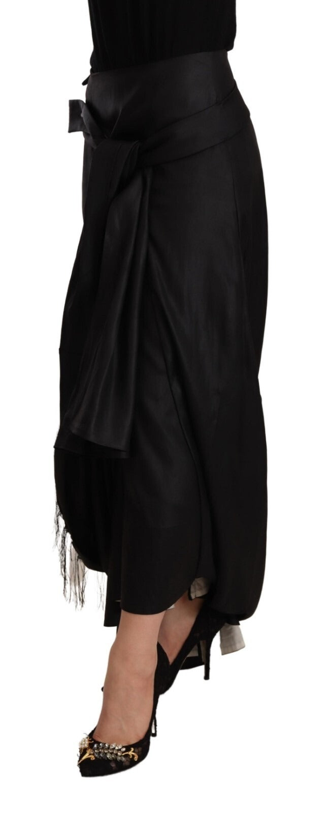 Acetate Black High Waist Wrap Style Asymmetric Skirt
