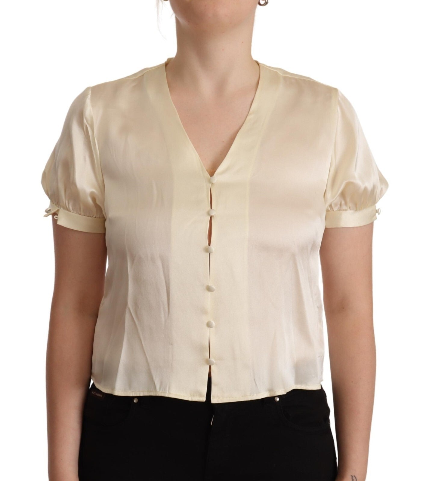 Blouse Off White Silk Short Sleeves V-neck Top