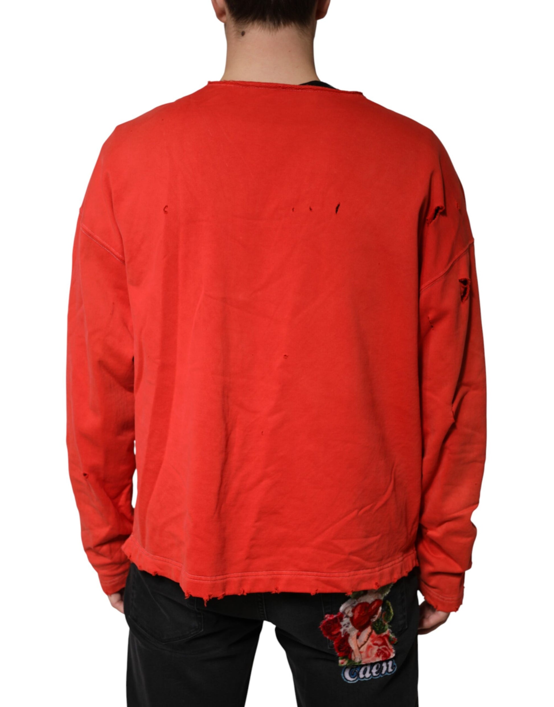 Red Distressed Cotton V-Neck Sweatshirt Men  Sweater