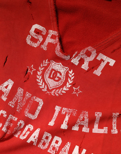 Red Distressed Cotton V-Neck Sweatshirt Men  Sweater