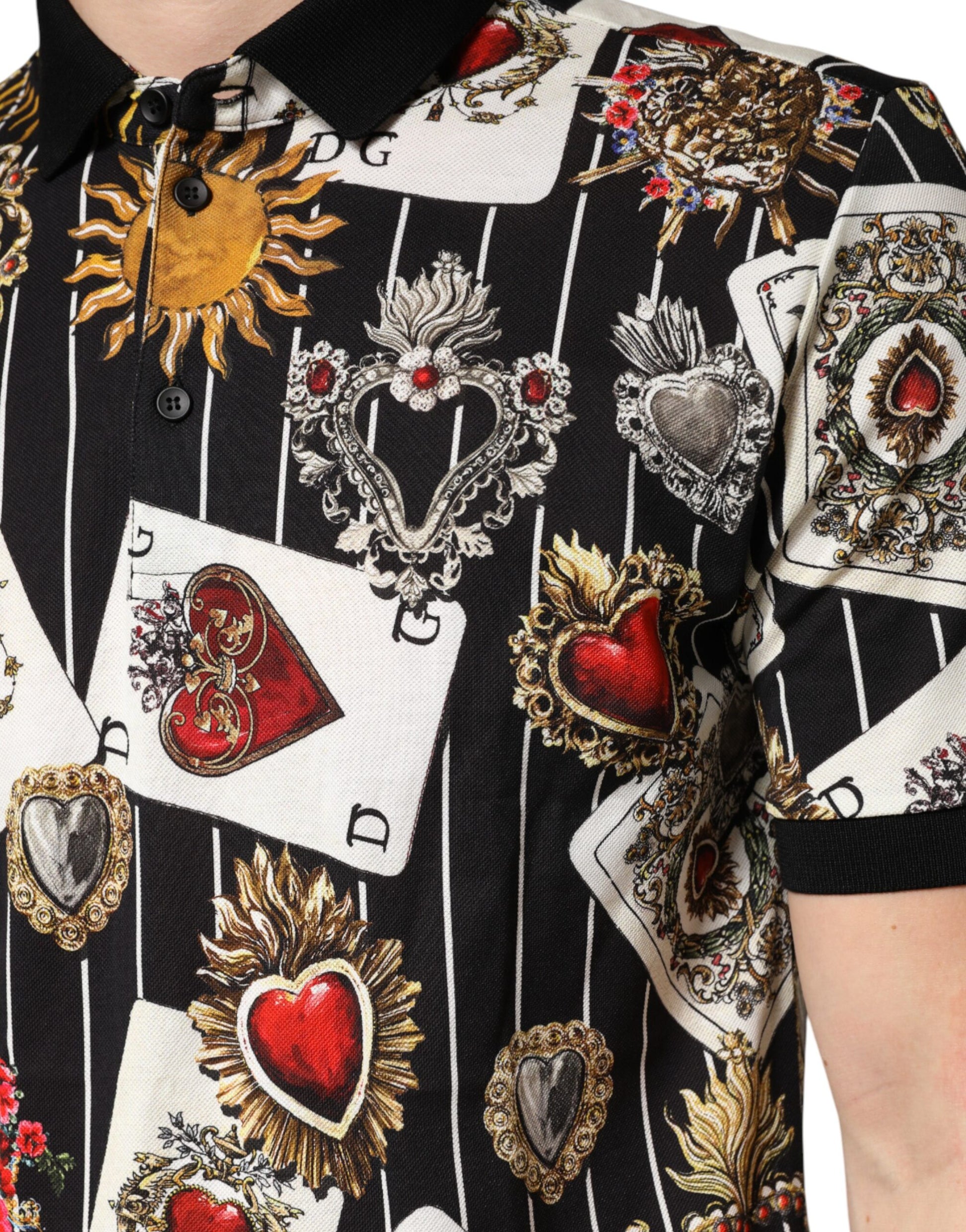 Black Card Heart Print Cotton Polo T-shirt