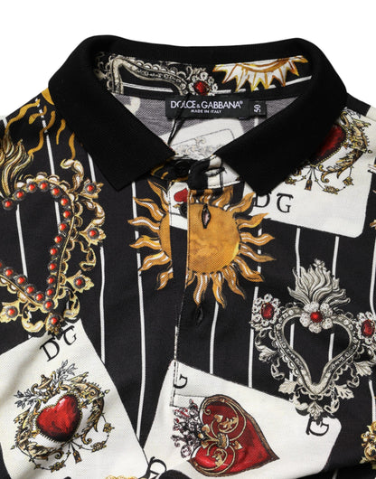 Black Card Heart Print Cotton Polo T-shirt