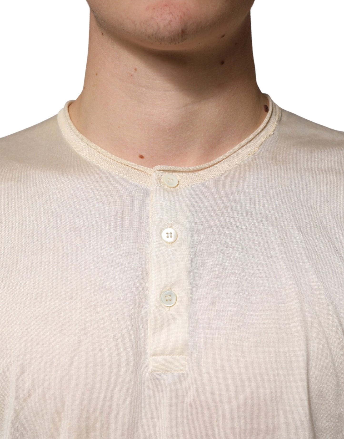 Off White Cotton Blend Men Henley T-shirt