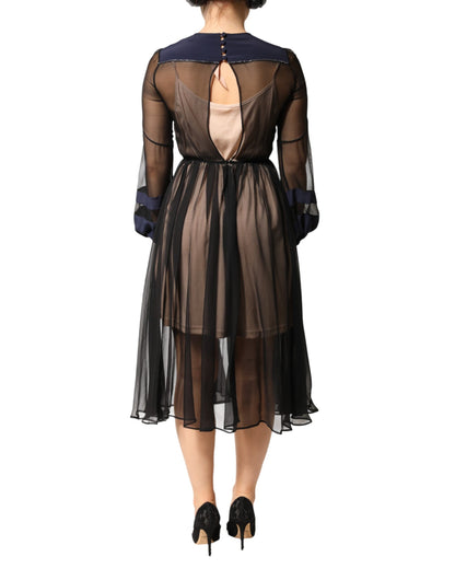 Blue Long Sleeves Sheer Silk Sheath A-line Midi Dress