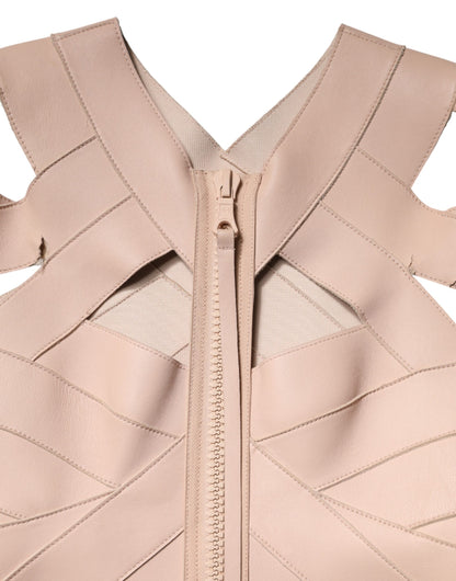 Beige Leather Short Sleeves Sheath Mini Dress