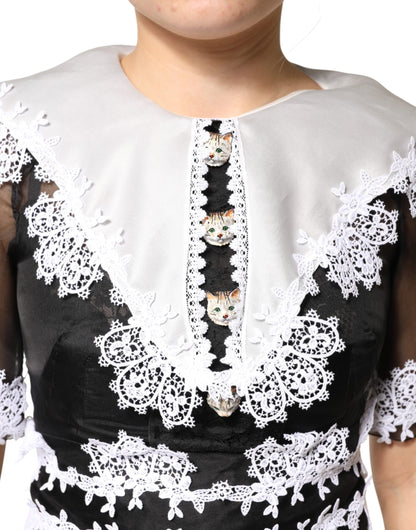 Black White Silk Macrame Lace Midi Dress
